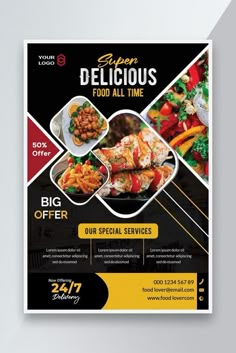 a black and yellow flyer for a restaurant with different food items on the front, including chicken