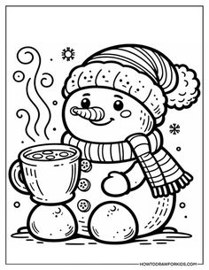 a snowman holding a cup of coffee