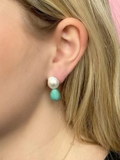 Pearl & Turquoise Earring Turquoise Teardrop Pearl Drop Earrings, Turquoise Pearl Drop Jewelry, Elegant Turquoise Pearl Drop Earrings, Turquoise Pearl Drop Earrings, Turquoise Pearl Earrings, Bride Earrings Pearl, Pearl Bride, Turquoise Earring, Double Strand Necklace