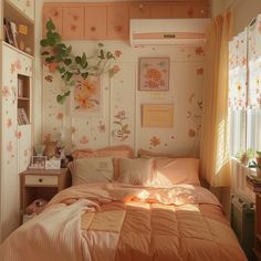 a bed room with a neatly made bed and flowers on the wall