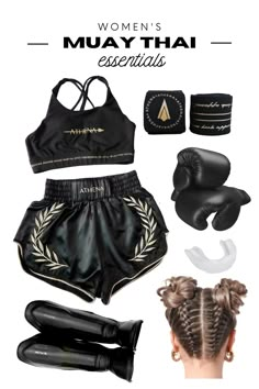 a woman's black and gold outfit with boxing gloves, mitts, headbands