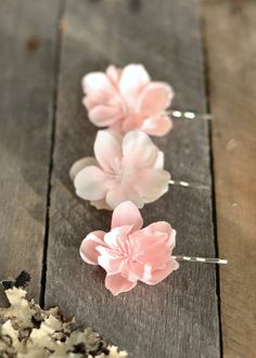 "These pretty flower bobby pins feature blush pink blossoms. -- set of two silver tone bobby pins -- measures about 1\" -- handmade with ♡ by me -- leaves my studio in 1-2 weeks shop www.gardensofwhimsy.com | social media @gardensofwhimsy" Cheap Elegant Flower Pins, Cherry Blossom Party, Pink Flower Hair Clip, Flower Bobby Pins, Pastel Accessories, Pink Flower Hair, Pink Hair Clips, Wedding Barrettes, Floral Hair Clip