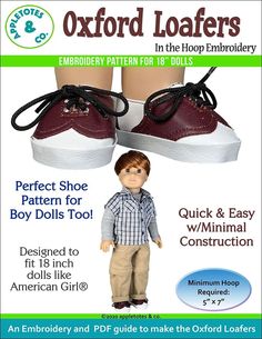 an advertisement for a doll's shoes with the image of a boy in plaid shirt and tan pants