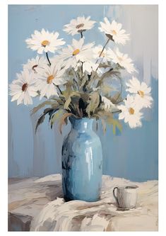 a painting of white daisies in a blue vase on a table next to a cup