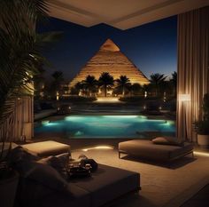 a room with a pool, couches and a pyramid in the background at night