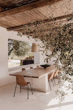 the dining table is surrounded by chairs and an olive tree