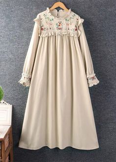 New Khaki Embroidered Ruffled Cotton Long Dresses SpringFabric: Cotton BlendedSize & Fit:Fit: This garment fits true to size.Length: Size L measures 44.85"from shoulder to hemBust: Great for any cup size. Waist: Loose Fit. Comfortable room throughout midsection.Hip: Loose Fit - room for hips.Hand Wash Cold. Embroidered Beige Fall Dresses, Fall Embroidered Beige Dress, Winter Cotton Dress With Embroidery, Winter Embroidered Cotton Dress, Long Sleeve Beige Dress With Embroidered Hem, Beige Long Sleeve Dress With Embroidered Hem, Cotton Dress With Embroidered Hem For Fall, Cotton Fall Dress With Embroidered Hem, Fall Cotton Dress With Embroidered Hem