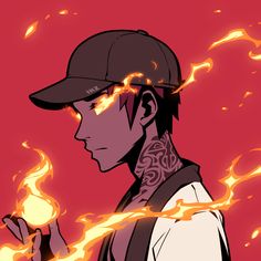 a drawing of a man with tattoos on his neck holding a fireball in front of him