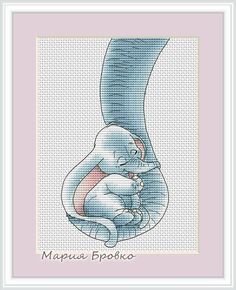 a cross stitch pattern with an elephant holding a baby in it's arms, and the