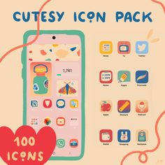 the cute icon pack includes icons, such as hearts and an image of a cell phone