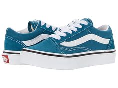 Vans Kids Old Skool (Little Kid) - Boys Shoes : Blue Coral/True White : Retro lines for the next generation! From their favorite flannels, to tried and true denims, they'll be trending and timeless in these Vans Kids Old Skool sneakers! These iconic kicks feature a low-top silhouette with a reinforced toe-cap and classic side-stripe detailing in a durable suede and canvas upper. Blind eyelets and a traditional lace-up closure seal the old-school deal. A breathable textile lining and comfort-cush Retro Lines, Vans Kids, Blue Vans, Blue Coral, Shoes Blue, New Sneakers, Tried And True, Coral Blue, Side Stripe