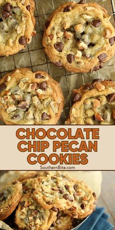 chocolate chip pecan cookies on a cooling rack with the words, chocolate chip pecan cookies