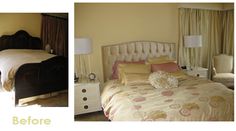 before and after photos of a bedroom with bed, nightstands, lamps and curtains