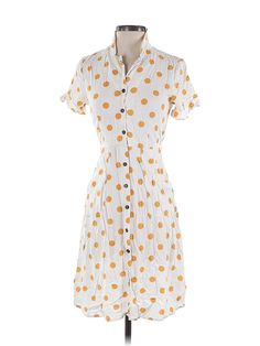 Monteau Casual Dress Size: Small Yellow Dresses - used. 70% RAYON, 30% LINEN, Shirtdress, Collared, Polka Dots, Knee Length, Short Sleeve | Monteau Casual Dress - Shirtdress: Yellow Polka Dots Dresses - Used - Size Small Polka Dot Short Sleeve Dress For Vacation, Fitted Polka Dot Dress For Daywear, Polka Dot Short Sleeve Beach Dress, Polka Dot Summer Daywear Dress, Polka Dot Summer Dress For Daywear, Spring Polka Dot Dress With Button Closure, Polka Dot Dress With Button Closure For Spring, Polka Dot Dresses For Summer Daywear, Polka Dot Midi Dress With Short Sleeves For Vacation