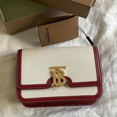 NWT Burberry Two-Toned Canvas and Leather TB Bag in Red | eBay Burberry Crossbody Bag, Red Sign, New Packaging, Packaging Box, Crossbody Strap, Leather Crossbody, Red Leather, Bags Handbags, Burberry