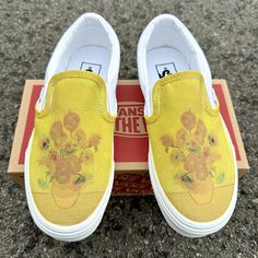 You'll be a walking piece of art with this famous Van Gogh painting on your shoes!  We buy each pair of blank shoes BRAND NEW directly from Vans. The ink is permanent and will never come off. Made in the USA. This price includes everything: shoes, artwork, and shipping.  Sizes listed are in US sizing scale.  If you have any issues with your order, please feel free to reach out to us and we will be more than glad to help you! Note: Blvd Custom is in no way affiliated with any of the shoe brands o White Slip On Vans, Mens Vans Shoes, Skater Shoes, Van Gogh Sunflowers, White Slip, Van Gogh Paintings, Sunflower Painting, Vans Shoes, Vincent Van Gogh