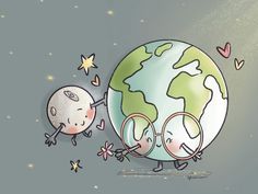 an illustration of two people holding hands around the earth, with stars in the background