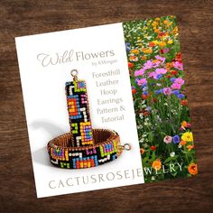 a card with an image of a flower garden and a bracelet made out of seed beads