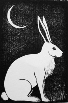 a black and white drawing of a rabbit sitting in front of the moon with its tail curled up