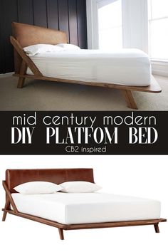 the bed frame is made from wood and has white sheets on it, with text overlay that reads mid century modern diy platform bed cb2 inspired