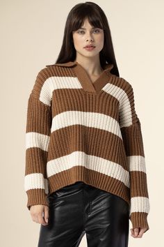 Chunky Oversized Striped Collared Sweater 100% PolyesterModel is Wearing S/M Oversized Ribbed Brown Top, Oversized Brown Top With Ribbed Collar, Trendy Brown Chunky Knit Top, Brown Chunky Knit Long Sleeve Tops, Oversized Brown Sweater With Ribbed Collar, Oversized Striped Top With Ribbed Collar, Brown Ribbed Collar Top For Fall, Collared Sweater, How To Wear