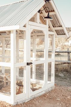 Cutest Chicken Coop, Pretty Chicken Coop Ideas, Affordable Chicken Coop Ideas, Chicken Coop With Lights, Chicken Coop Lighting, White Chicken Coop, Chicken Barn Ideas, Greenhouse With Chicken Coop Attached, Farm Yard Ideas