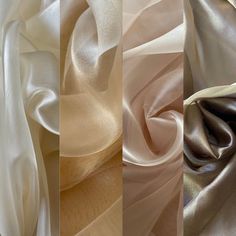 three different color silks are shown in this image, one is beige and the other is white