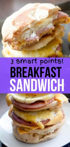 three breakfast sandwiches stacked on top of each other with the words, 3 smart points breakfast sandwich