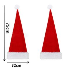 two red and white santa claus hats are shown with the measurements for each hat, which is