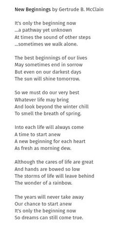 a poem written in black and white with the words new beginnings by george b mccain