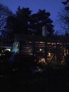 a house is lit up at night with lights on the roof and trees in the background