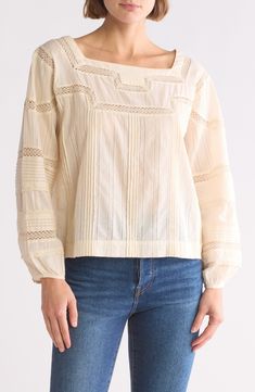 Inset mesh stripes enhance the breezy vibe of a lightweight cotton peasant top fashioned with a square neck and billowy balloon sleeves. 21 1/2" length (size Small) Square neck Long sleeves 100% cotton Machine wash, tumble dry Imported Long Sleeve Cotton Tops, Peasant Top, Peasant Tops, Cotton Top, Balloon Sleeves, Cotton Tops, Sleeve Cotton, Square Neck, Top Styles