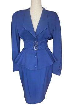 Thierry Mugler Gorgeous Cobalt Blue Skirt Suit Size 38 Collector's piece of Wearable Art. Marked Size 38 Made in France Measurements-- Blazer Length: 27" Shoulders: seam to seam 18" Waist: 13.5" across flat; 27"around on doll  Skirt Waist: across 13" flat; 26" around on doll Length: 20" Blue Skirt Suit, Doll Skirt, Womens Suits, Thierry Mugler, Blue Skirt, Skirt Suit, Cobalt Blue, Wearable Art, Blazer Suit