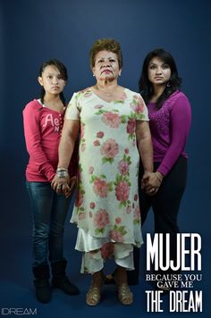 three women standing next to each other in front of a blue background with the words, mujer because you leave me the dream