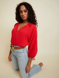 A modern version of the peasant style top in effortless, breezy Double Gauze. Elastic at 3/4 length voluminous sleeve. Raw hem. (This one comes in Cherrybomb.) | Women's Mimi Blouse Top in Cherrybomb | Ethical Essentials Billowy Long Sleeve Top For Summer, Trendy 3/4 Sleeve Blouse For Brunch, Trendy Tops With 3/4 Sleeves For Brunch, Billowy Long Sleeve Peasant Top For Summer, Summer Billowy Long Sleeve Peasant Top, Daywear Tops With Blouson Sleeves And 3/4 Sleeve, Daywear Tops With Blouson 3/4 Sleeves, Chic Long Sleeve Peasant Top For Summer, Effortless Long Sleeve Summer Blouse