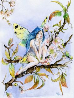 a watercolor painting of a fairy sitting on a branch with flowers and butterflies around her