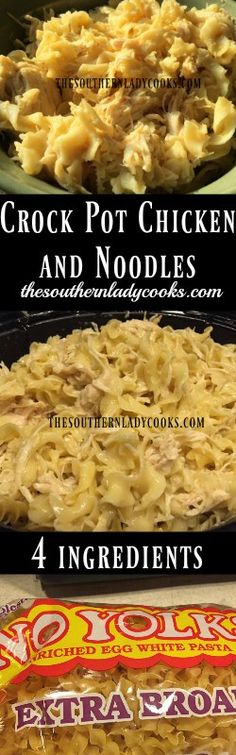 four different types of crock pot chicken and noodle casserole with text overlay