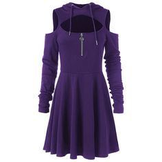 Open Shoulder Swing Dress with Zipper - Purple Iris - 3G87090310 - Original Design-Women's Clothing  #OriginalDesignWomensClothing #Original #DesignWomen's #Clothing Mode Mantel, Streetwear Girl, Low Cut Dresses, Goth Dress, Mode Casual, Cold Shoulder Long Sleeve, Hooded Dress, Types Of Dresses, Hoodie Dress