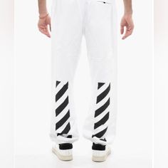 Off-White 3- Pocket Cotton Fleece Sweatpants With The Signature Diagonal Hash Print. Size L. New With Tags. White Fitted Tapered Leg Pants, Fitted White Tapered Leg Pants, White Streetwear Bottoms For Spring, White Bottoms For Spring Streetwear, White Streetwear Sweatpants Trousers, White Sweatpants Trousers For Streetwear, White Casual Tapered Leg Sweatpants, White Tapered Leg Casual Sweatpants, White Fitted Sweatpants