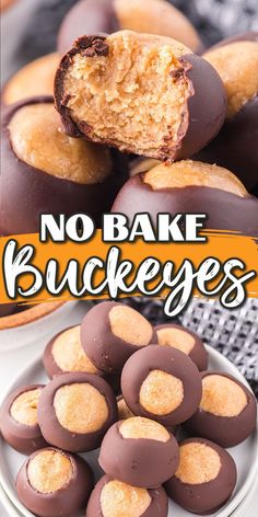 no bake buckeyes recipe on a white plate with chocolate covered cookies in the background