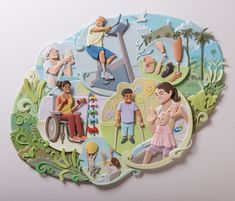 a paper cut out of people and animals on a white surface