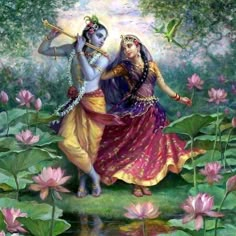 two women are dancing in front of water lilies and one is holding a flute