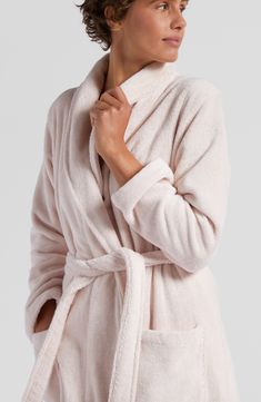 Enjoy the luxurious elegance of a spa-inspired robe at home with this supercomfy style loomed from long-staple Turkish cotton. 45 1/2" length (size Large)   Open front   Shawl collar   Long sleeves   Front patch pockets   Removable tie belt   100% cotton   Machine wash, tumble dry   Made in Turkey   Pop-In@Nordstrom   OEKO-TEX®–certified materials free of harmful substances Feminine Cream Robe For Loungewear, Spa Inspiration, Belt Tying, Shawl Collar, Tie Belt, Front Open, Shawl, Lounge Wear, At Home