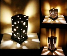 four different views of a lantern with stars on it