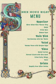 a menu for a movie night with an ornate design on the front and back cover