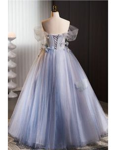 10% off now! Shop off shoulder beautiful ballgown tulle prom dress with petals online. Sheprom offers formal, party, casual & more style dresses to fit your special occasions. Prom Dress With Flowers, Beautiful Ballgown, Blue Ballgown, Princess Prom Dress, Princess Prom Dresses, Dress With Flowers, Dresses Quinceanera, Tulle Flowers, Pretty Prom Dresses