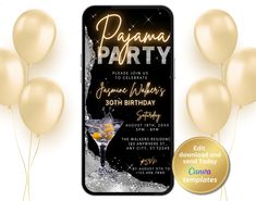 an image of a birthday party with balloons and champagne glasses on the phone screen next to it