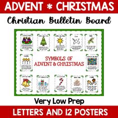 a christmas bulletin board with the words, symbols and numbers