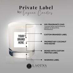 a white candle with labels on it that says private label, your brand here and the description below