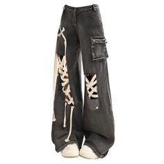 lace up wide leg jeans boogzel clothing Cute Things To Wear To School, Black And White Clothes Aesthetic, Alt Jeans, Dark Streetwear, Black And White Jeans, Indie Aesthetic Outfits, Grunge Pants, Black Wide Leg Jeans, Unique Jeans